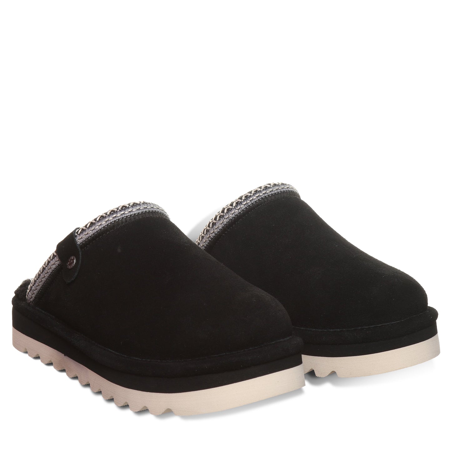 Bearpaw Arden Black Suede Clog Slipper With Faux Fur Footbed