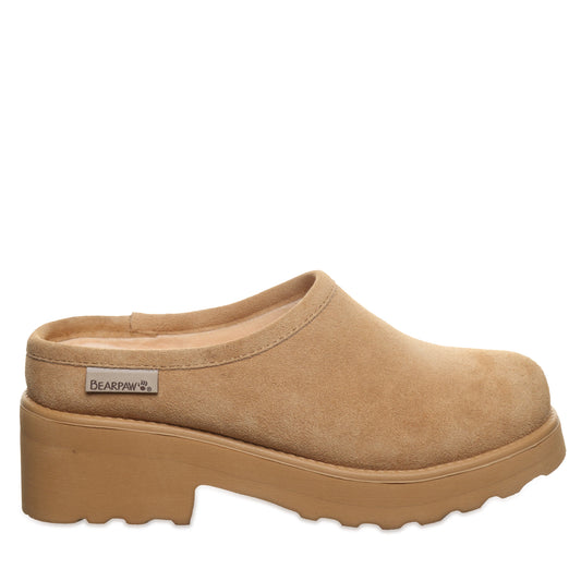 Bearpaw Court Iced Coffee Suede Heeled Clog With Sherpa Lining