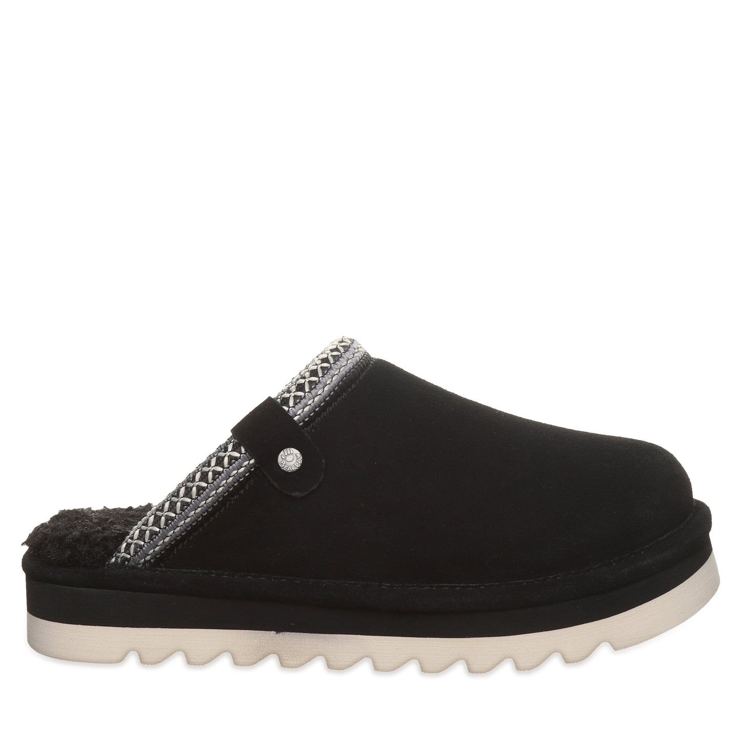 Bearpaw Arden Black Suede Clog Slipper With Faux Fur Footbed