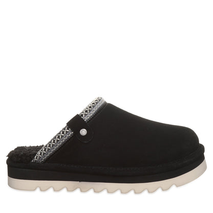 Bearpaw Arden Black Suede Clog Slipper With Faux Fur Footbed