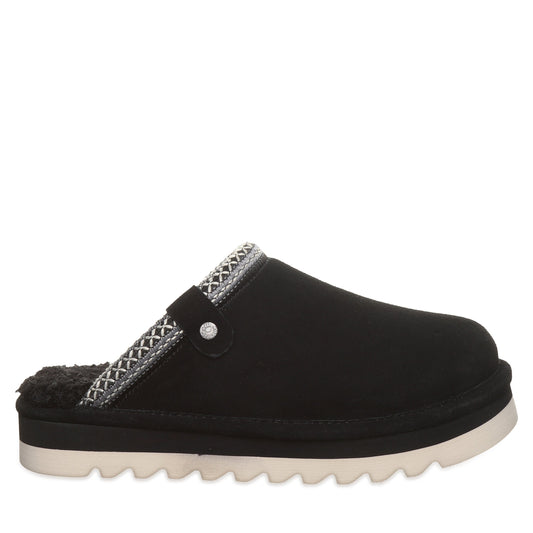 Bearpaw Arden Black Suede Clog Slipper With Faux Fur Footbed