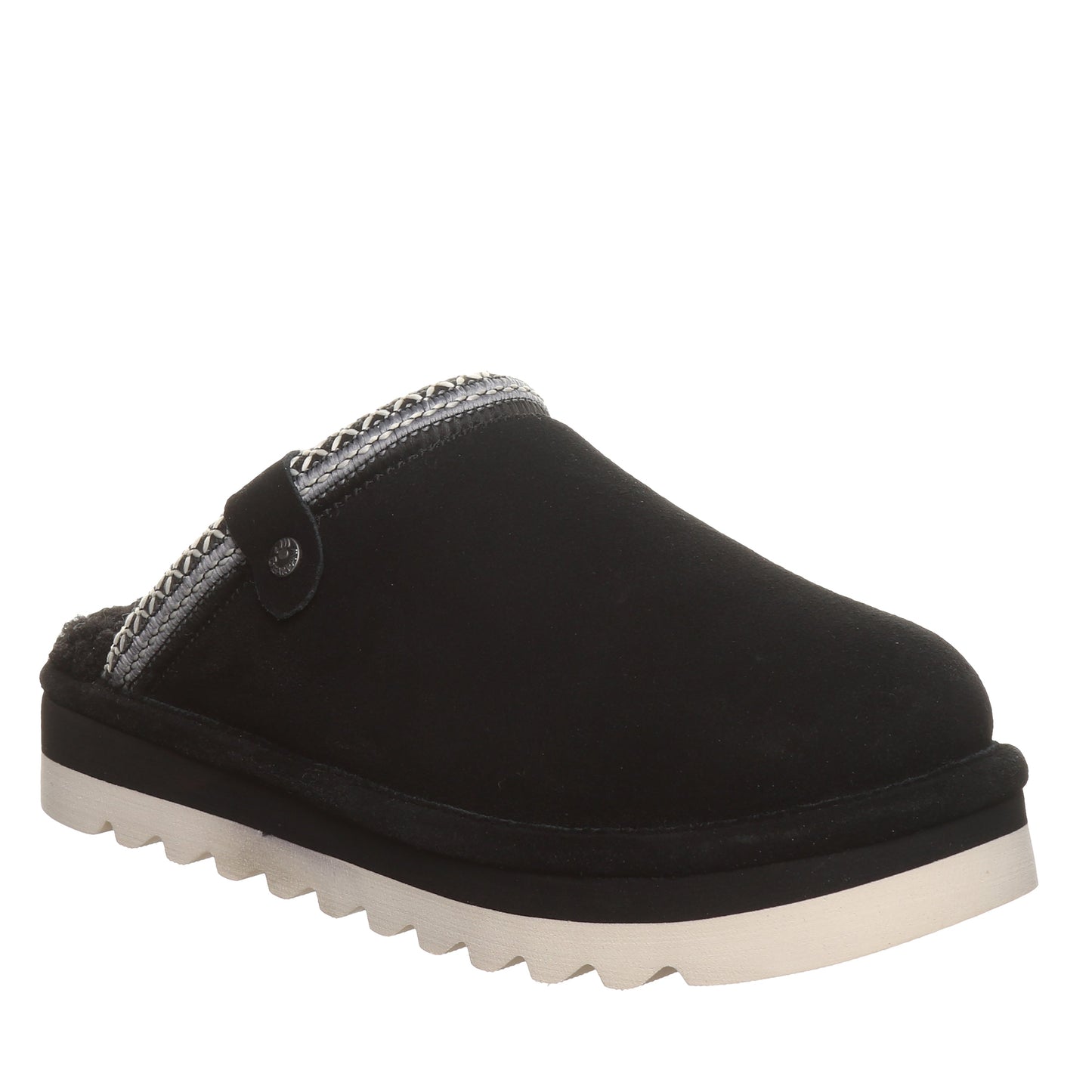 Bearpaw Arden Black Suede Clog Slipper With Faux Fur Footbed