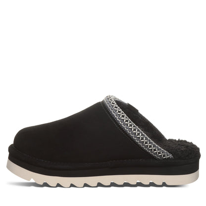 Bearpaw Arden Black Suede Clog Slipper With Faux Fur Footbed