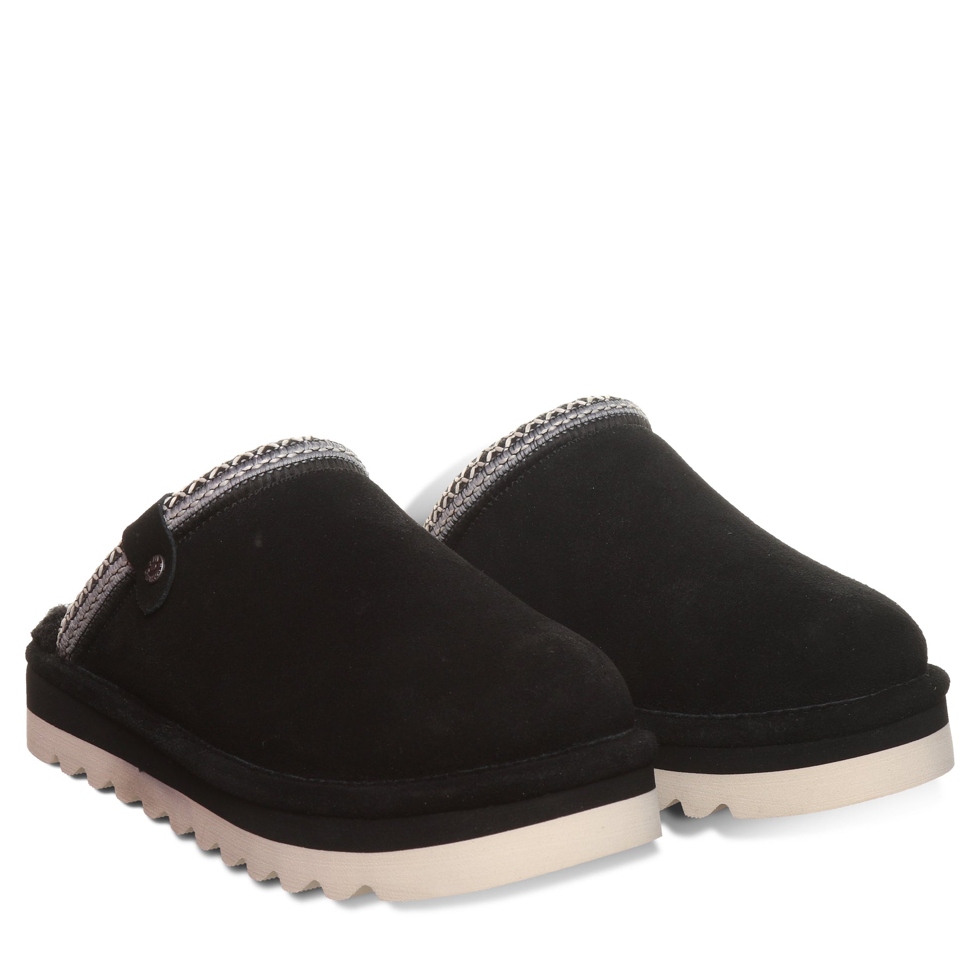 Bearpaw Arden Black Suede Clog Slipper With Faux Fur Footbed