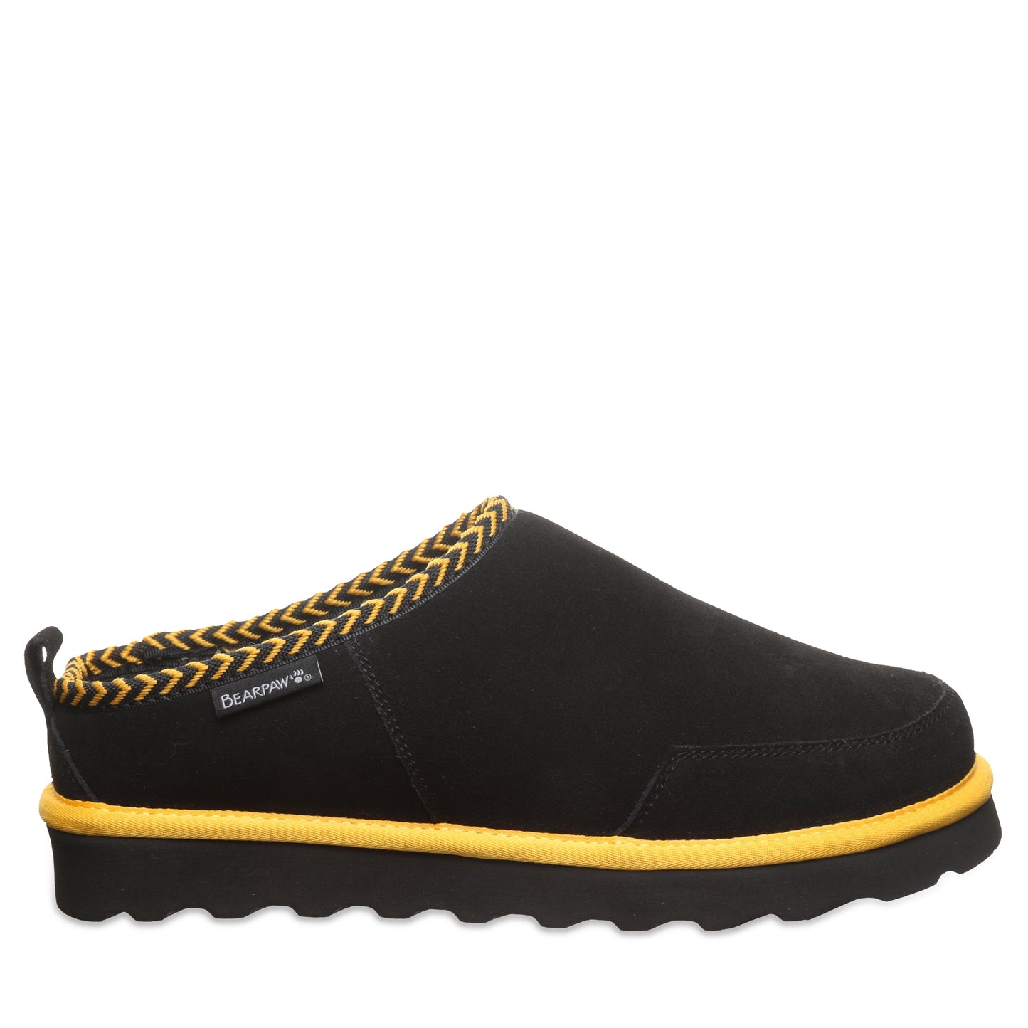 Bearpaw Damian Black/Gold Men’s Suede Slipper With Wool Blend Lining