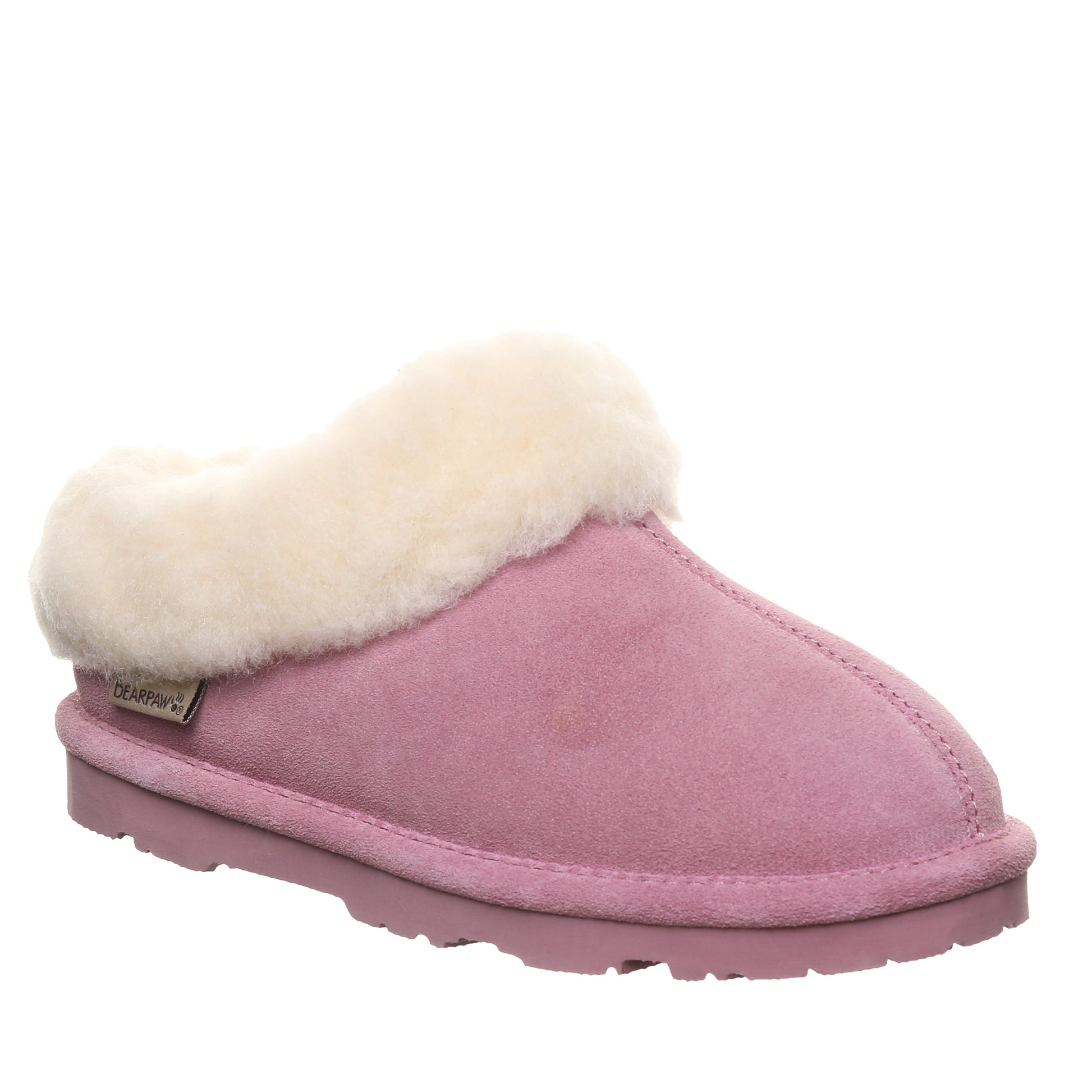Bearpaw Brina Youth Dusky Orchid Suede Clog Slipper With Faux Fur Collar