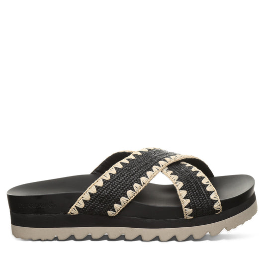Bearpaw Carina Black Platform Slide Sandal With Crochet Trim