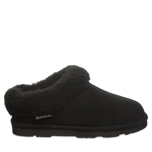 Bearpaw Brina Black Suede Clog Slipper With Faux Fur Collar