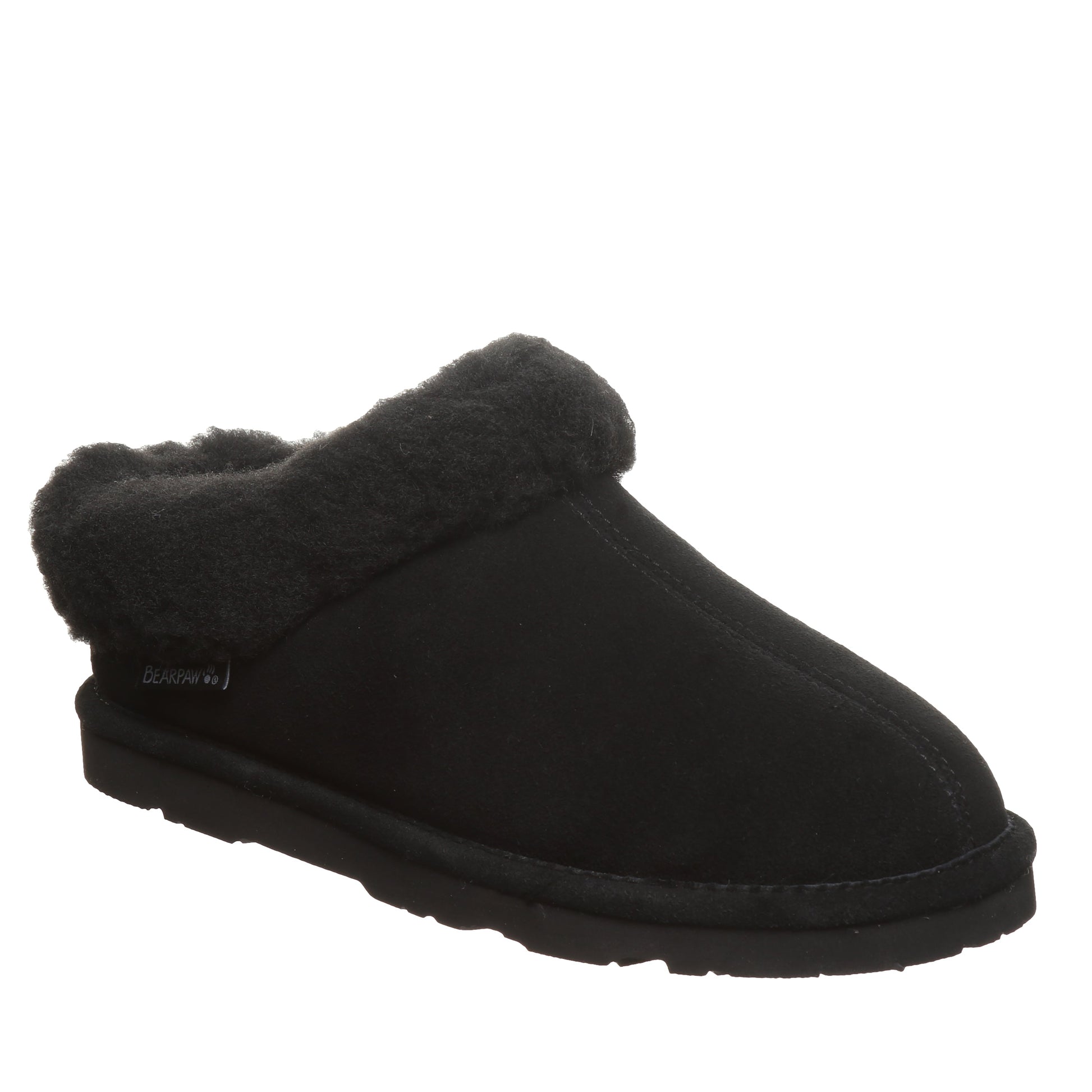 Bearpaw Brina Black Suede Clog Slipper With Faux Fur Collar