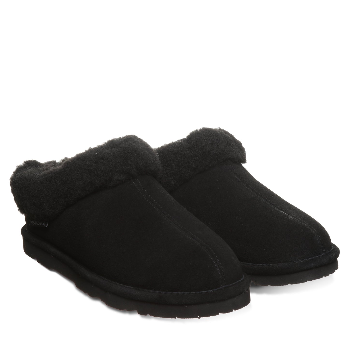 Bearpaw Brina Black Suede Clog Slipper With Faux Fur Collar