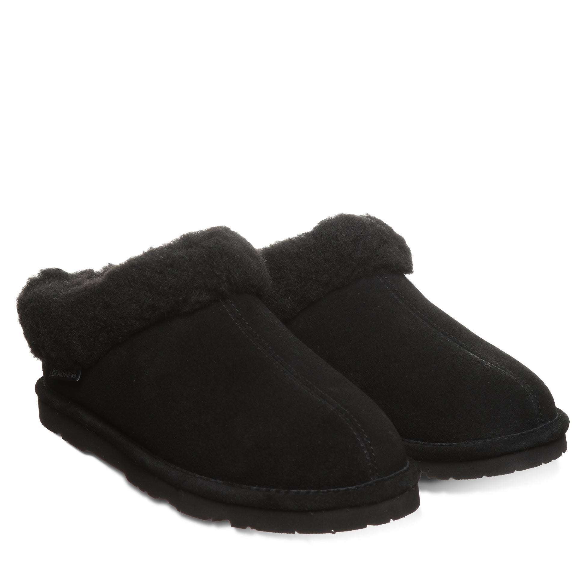 Bearpaw Brina Black Suede Clog Slipper With Faux Fur Collar